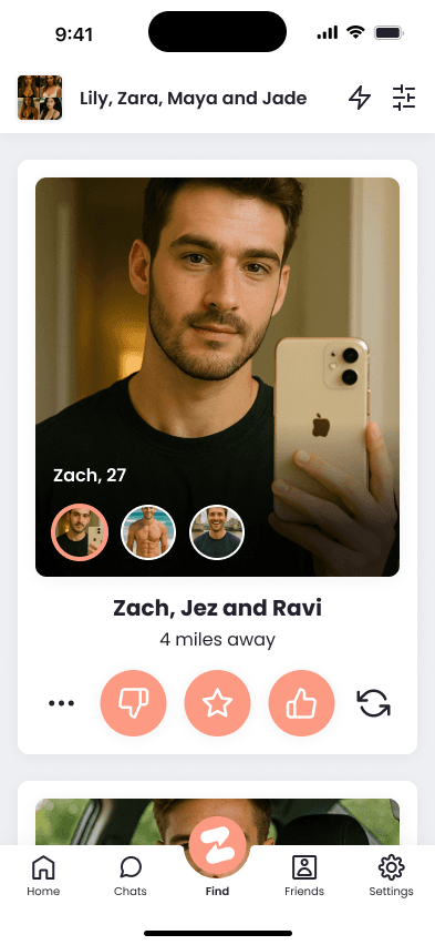 Ziva crew browse view with Like and Super Like buttons