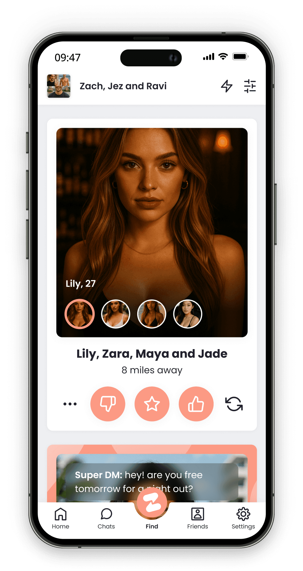Ziva app showing a crew of four — Lily, Zara, Maya and Jade — eight miles away, with Like, Super Like and Dislike actions and a Super DM message preview.